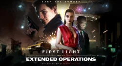 Promotional poster: a rugged man with a gun on the left, a woman in a red dress center, and a suited man on the right, with a car explosion in the background and the title First Light: Extended Operations at the bottom.