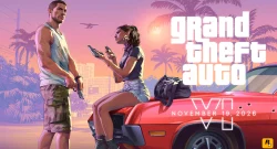 GTA VI cover art: a man and a woman holding guns beside a red car at sunset with palm trees in the background.