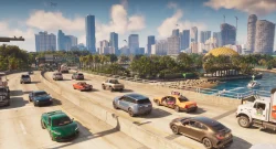 City skyline over a busy elevated highway lined with palm trees and a marina to the right.