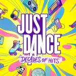 Cover art for Just Dance 4: Decades of Hits, with bold white title on a bright yellow background surrounded by retro gaming and music icons (cassette, headphones, skateboard, etc.).