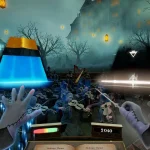 First-person view of a fantasy VR battle: a glowing blue pyramid stands before an immersed orchestra in a foggy, haunted courtyard.