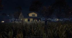 Nighttime rural scene: a wooden house with a porch, surrounded by trees, foregrounded by tall corn in darkness.