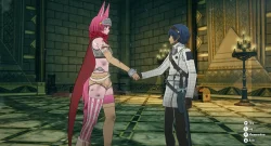Pink-haired armored bunny girl shakes hands with a blue-haired boy in a stone chamber with ornate decor.