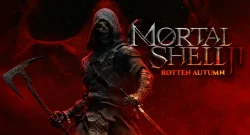 Hooded armored warrior with a curved weapon against a red, smoky background; title reads "Mortal Shell II: Rotten Autumn"