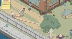 Isometric cartoon of a backyard party with a long pink water slide, players sliding, balloons, potted plants, and a brick house with a 'Happy Birthday' banner.