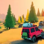 Colorful off-road convoy driving through a golden forest toward a cabin at sunset, with tall pine trees on both sides and a clear sky.