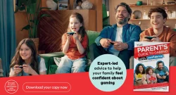 Family kids and parent playing video games together on a living room couch, with a promotional flyer for a parenting gaming guide nearby.