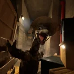 Person in a dinosaur costume reaches toward the camera in a dim, cluttered alley with crates and a truck nearby.