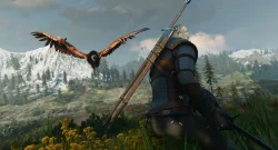 Warrior in armor with a long blade strapped to his back watches a large bird of prey soaring over a grassy, mountain valley.