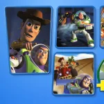 Collage of five Toy Story game thumbnails on a blue background, showing action scenes with Woody, Buzz Lightyear, and friends; includes racing and space battle imagery plus a circular badge with a blue insect-like character.