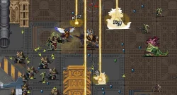 Pixel-art sci-fi battle in a metal corridor with a winged hero fighting green mutants as yellow lasers fire upward.