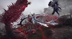 A brutal duel with a giant spiked weapon slicing toward two armored fighters in a misty, rocky landscape.