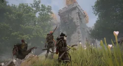 Group of armored adventurers approaching a crumbling stone tower in a lush forest.