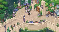 Isometric pixel-art courtyard with a sweeping person, several visitors, and lush flowerbeds in front of a grand doorway.