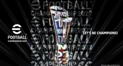 Promotional image for Football Championship 2027 featuring a silver trophy and the slogan 'LET'S BE CHAMPIONS!' with Konami branding on the left.