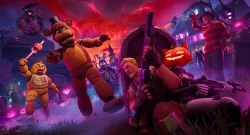 Halloween battle scene with an orange bear animatronic, a yellow chick, a pumpkin-headed foe, and a survivor firing a purple rifle.