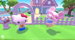 Hello Kitty and a smiling pink-glitter mouse playing in a pastel garden by a purple house.